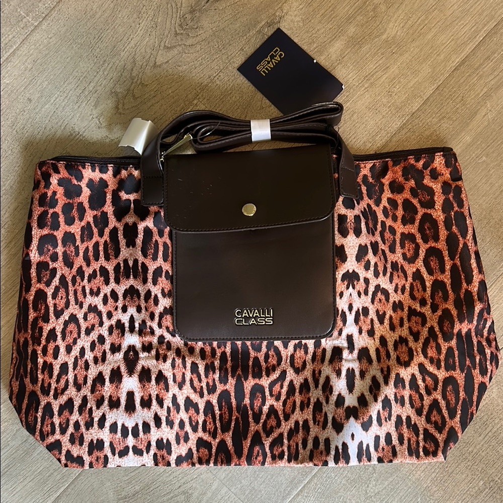 Cavalli Class Brown and Black Tote Bag with Structured Design